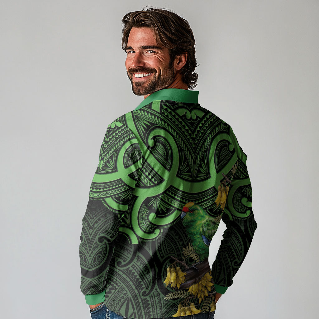 New Zealand Parakeet Bird Long Sleeve Polo Shirt Maori Kakariki Kowhai Maori Pattern