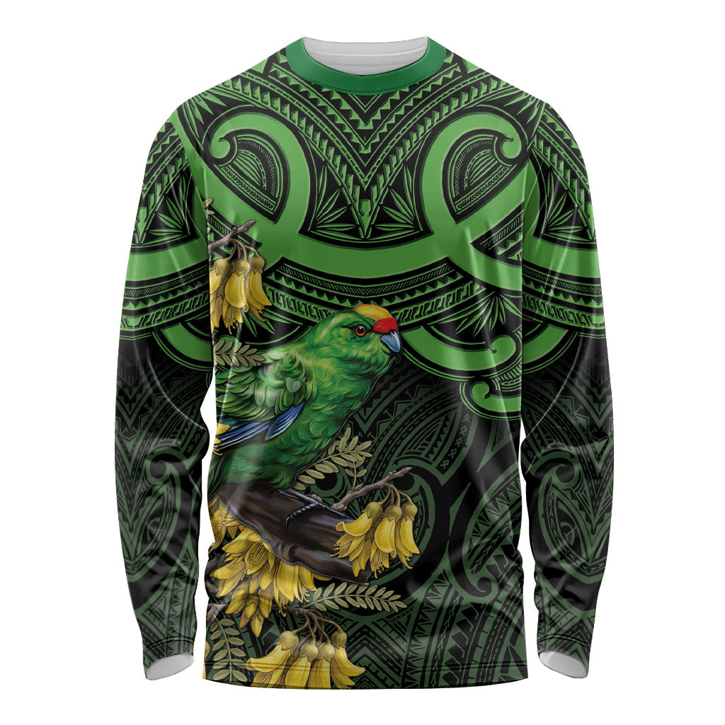 New Zealand Parakeet Bird Long Sleeve Shirt Maori Kakariki Kowhai Maori Pattern LT22 Unisex Green - Polynesian Pride