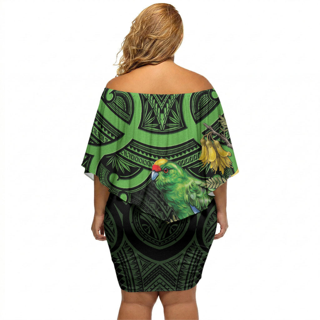 New Zealand Parakeet Bird Off Shoulder Short Dress Maori Kakariki Kowhai Maori Pattern