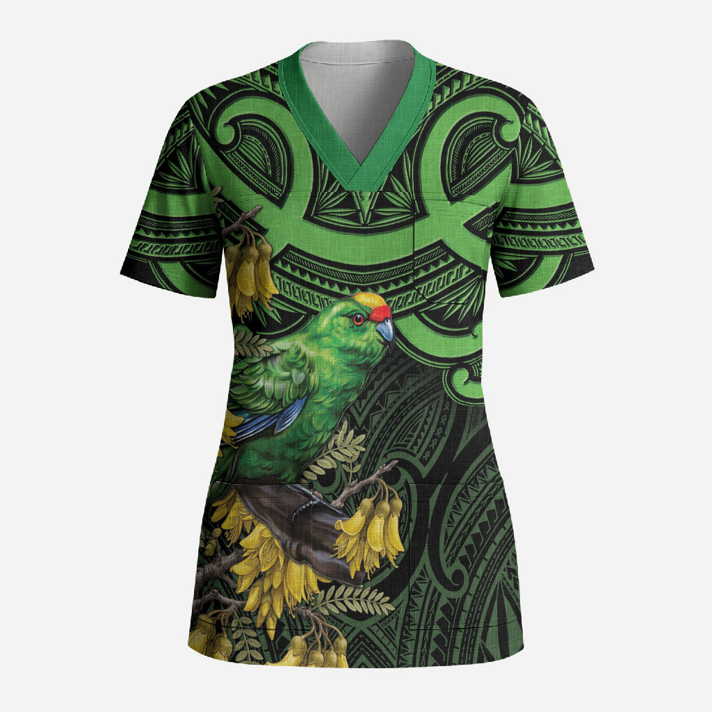 New Zealand Parakeet Bird Scrub Top Maori Kakariki Kowhai Maori Pattern LT22 Adult Green - Polynesian Pride