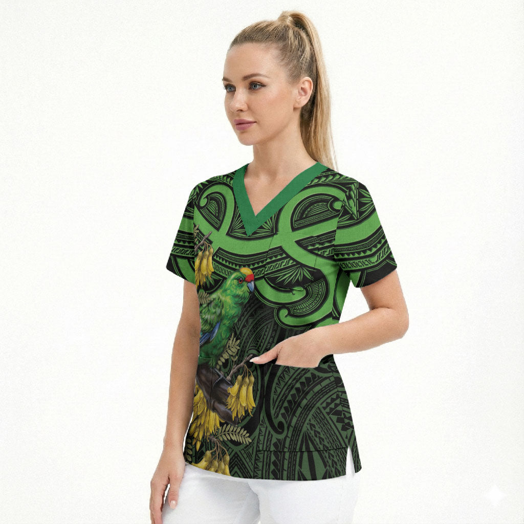 New Zealand Parakeet Bird Scrub Top Maori Kakariki Kowhai Maori Pattern