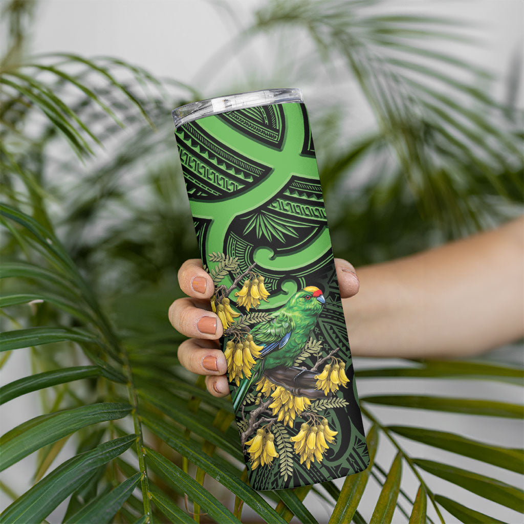 New Zealand Parakeet Bird Skinny Tumbler Maori Kakariki Kowhai Maori Pattern