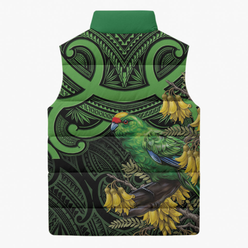 New Zealand Parakeet Bird Sleeveless Puffer Jacket Maori Kakariki Kowhai Maori Pattern