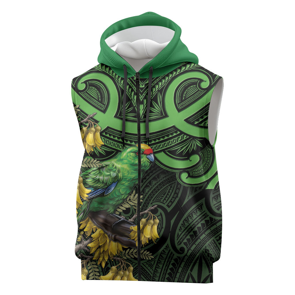New Zealand Parakeet Bird Sleeveless Zip Hoodie Maori Kakariki Kowhai Maori Pattern