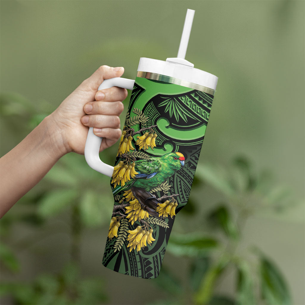 New Zealand Parakeet Bird Tumbler With Handle Maori Kakariki Kowhai Maori Pattern
