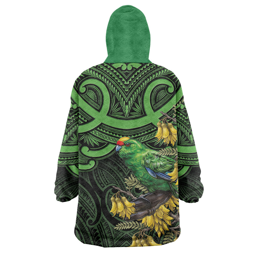 New Zealand Parakeet Bird Wearable Blanket Hoodie Maori Kakariki Kowhai Maori Pattern