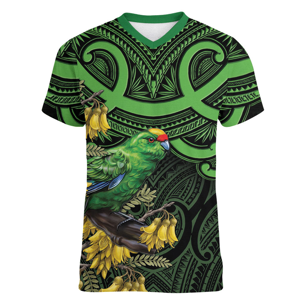 New Zealand Parakeet Bird Women V-Neck T-Shirt Maori Kakariki Kowhai Maori Pattern