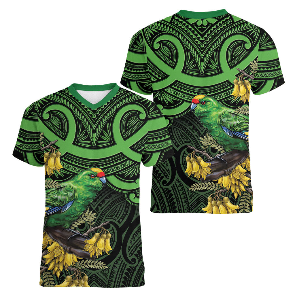 New Zealand Parakeet Bird Women V-Neck T-Shirt Maori Kakariki Kowhai Maori Pattern