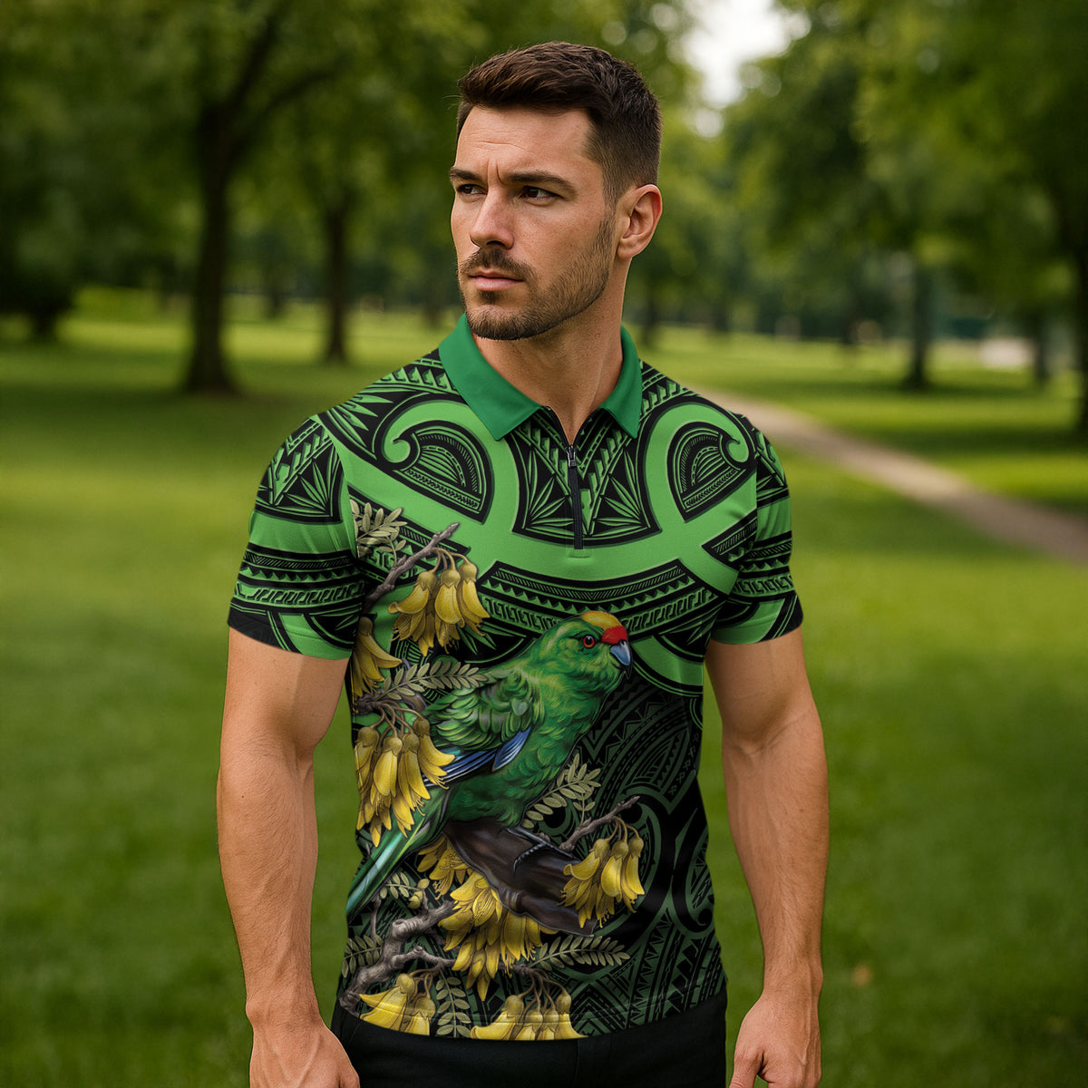 New Zealand Parakeet Bird Zipper Polo Shirt Maori Kakariki Kowhai Maori Pattern