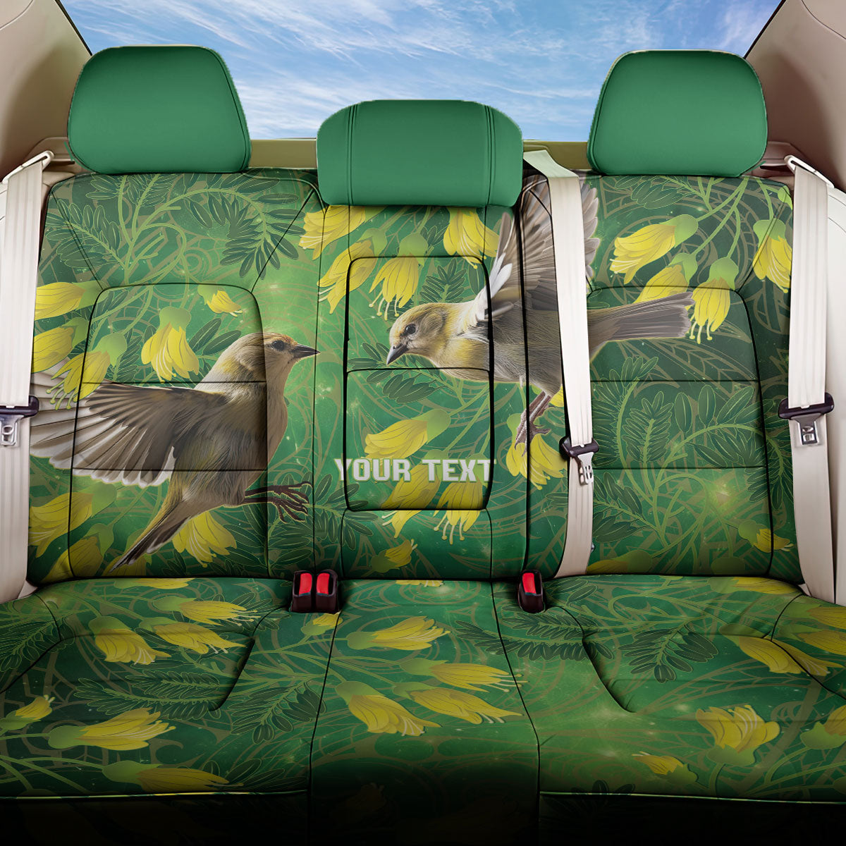 Bellbird New Zealand Personalised Back Car Seat Cover Kowhai Flower Maori Pattern