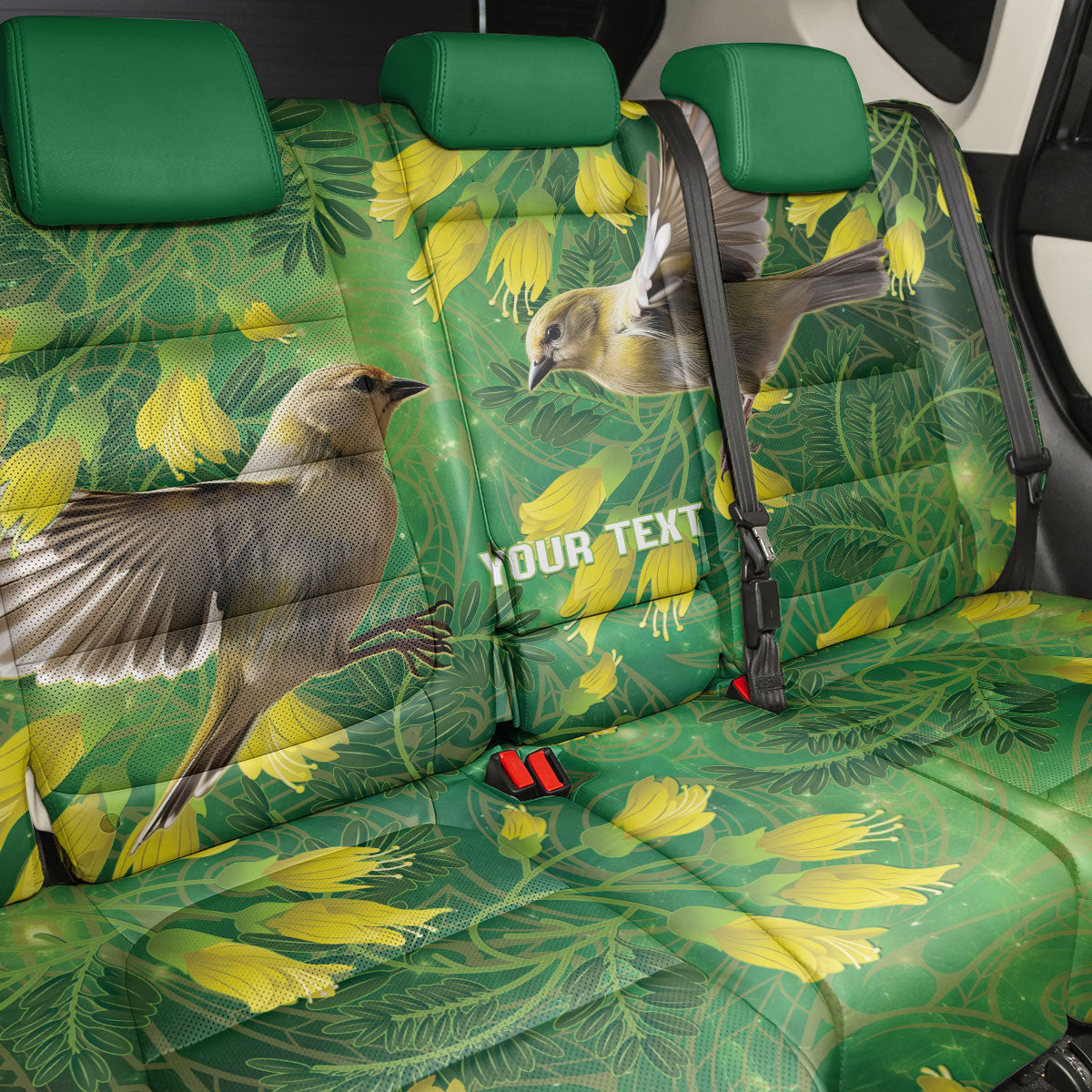 Bellbird New Zealand Personalised Back Car Seat Cover Kowhai Flower Maori Pattern