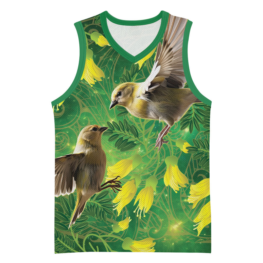 Bellbird New Zealand Personalised Basketball Jersey Kowhai Flower Maori Pattern