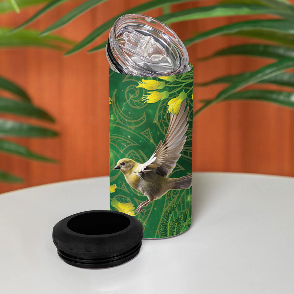 Bellbird New Zealand Personalised 4 in 1 Can Cooler Tumbler Kowhai Flower Maori Pattern