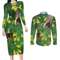 Bellbird New Zealand Personalised Couples Matching Long Sleeve Bodycon Dress and Long Sleeve Button Shirt Kowhai Flower Maori Pattern LT22 Green - Polynesian Pride