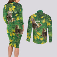 Bellbird New Zealand Personalised Couples Matching Long Sleeve Bodycon Dress and Long Sleeve Button Shirt Kowhai Flower Maori Pattern LT22 - Polynesian Pride