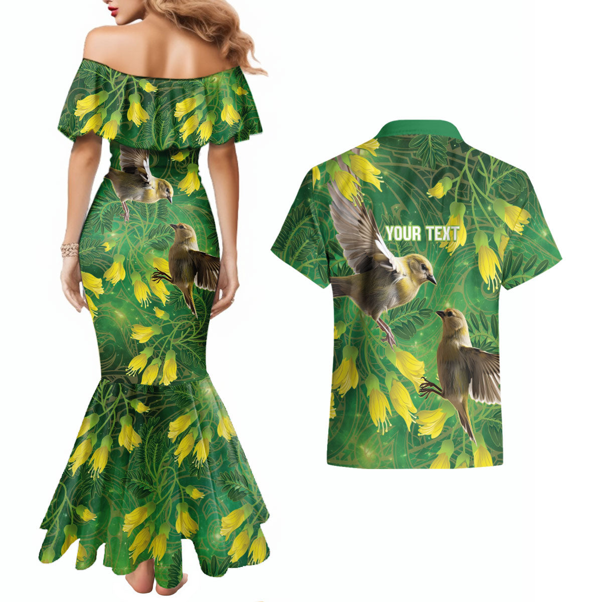 Bellbird New Zealand Personalised Couples Matching Mermaid Dress and Hawaiian Shirt Kowhai Flower Maori Pattern LT22 - Polynesian Pride