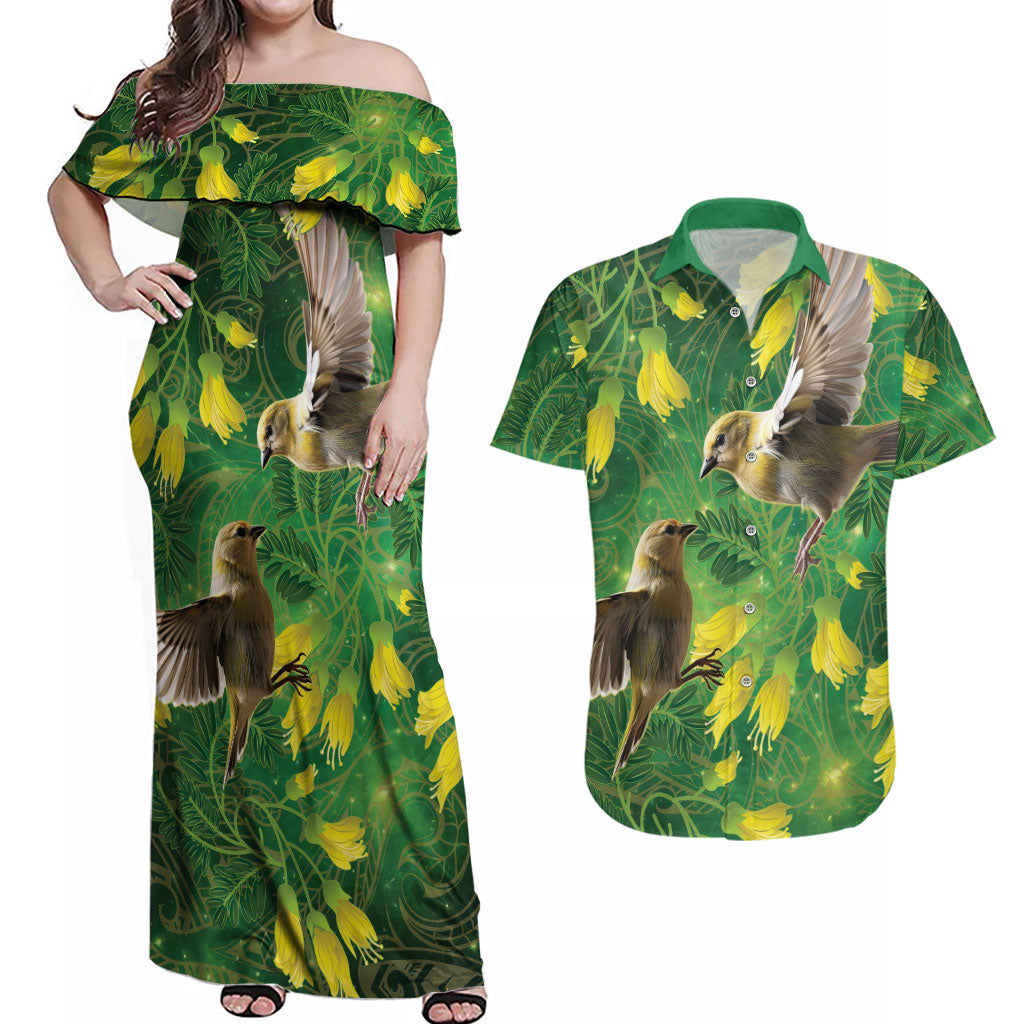 Bellbird New Zealand Personalised Couples Matching Off Shoulder Maxi Dress and Hawaiian Shirt Kowhai Flower Maori Pattern