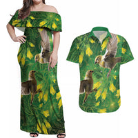 Bellbird New Zealand Personalised Couples Matching Off Shoulder Maxi Dress and Hawaiian Shirt Kowhai Flower Maori Pattern LT22 Green - Polynesian Pride