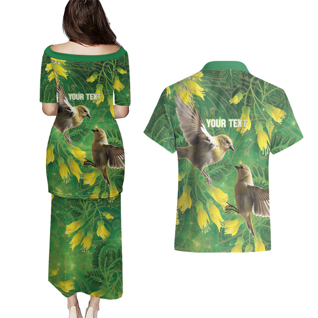 Bellbird New Zealand Personalised Couples Matching Puletasi and Hawaiian Shirt Kowhai Flower Maori Pattern