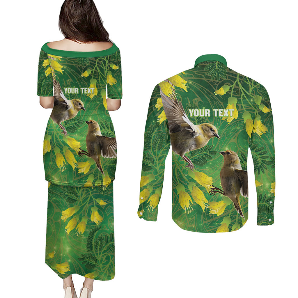 Bellbird New Zealand Personalised Couples Matching Puletasi and Long Sleeve Button Shirt Kowhai Flower Maori Pattern