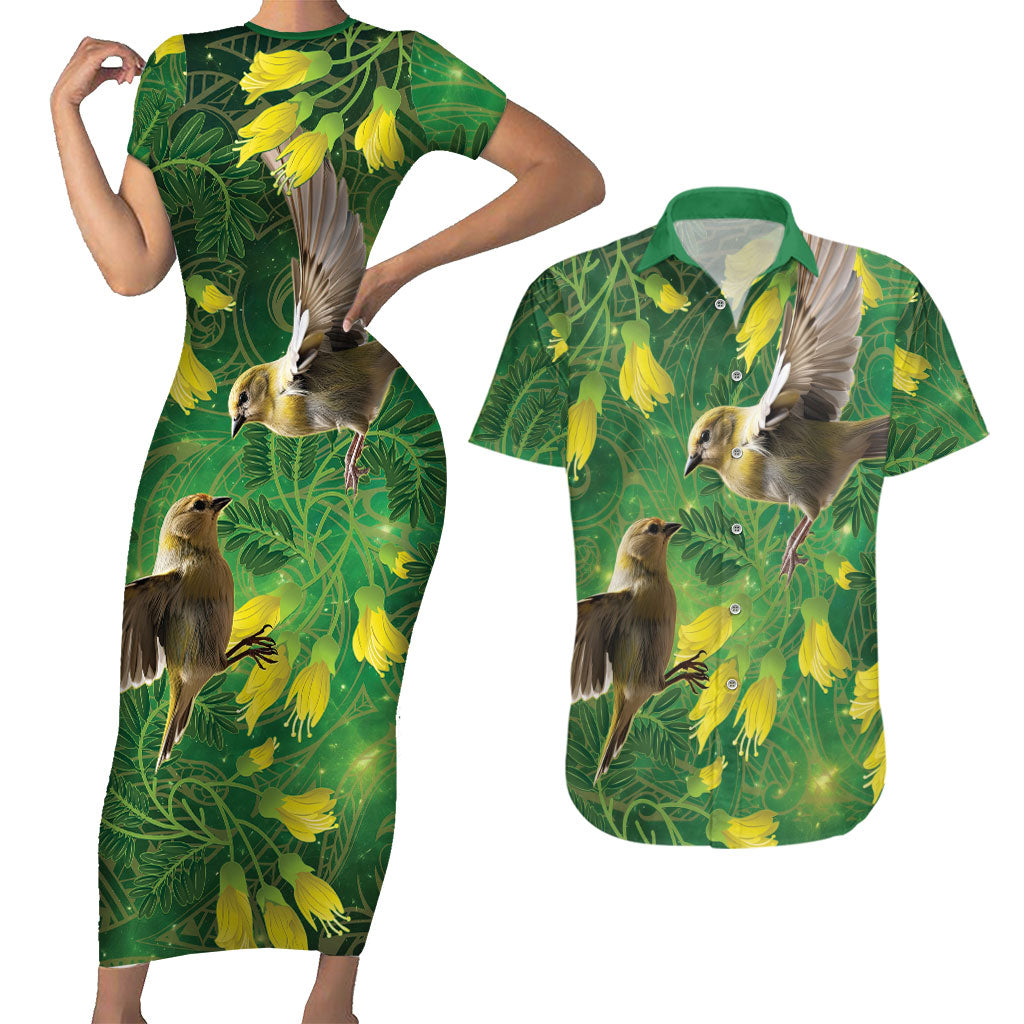 Bellbird New Zealand Personalised Couples Matching Short Sleeve Bodycon Dress and Hawaiian Shirt Kowhai Flower Maori Pattern LT22 Green - Polynesian Pride
