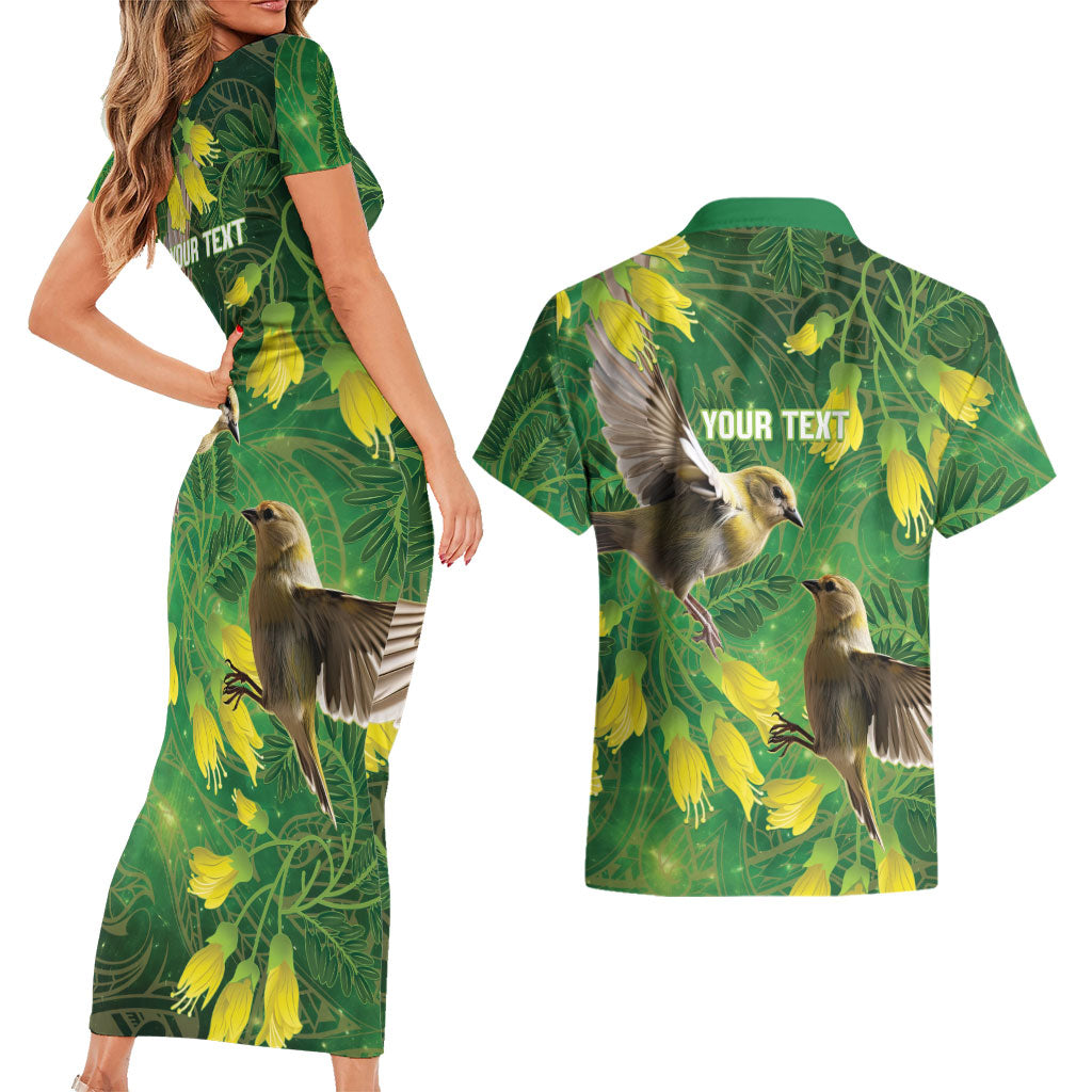 Bellbird New Zealand Personalised Couples Matching Short Sleeve Bodycon Dress and Hawaiian Shirt Kowhai Flower Maori Pattern LT22 - Polynesian Pride