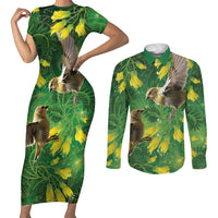 Bellbird New Zealand Personalised Couples Matching Short Sleeve Bodycon Dress and Long Sleeve Button Shirt Kowhai Flower Maori Pattern LT22 Green - Polynesian Pride