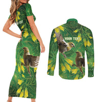 Bellbird New Zealand Personalised Couples Matching Short Sleeve Bodycon Dress and Long Sleeve Button Shirt Kowhai Flower Maori Pattern LT22 - Polynesian Pride