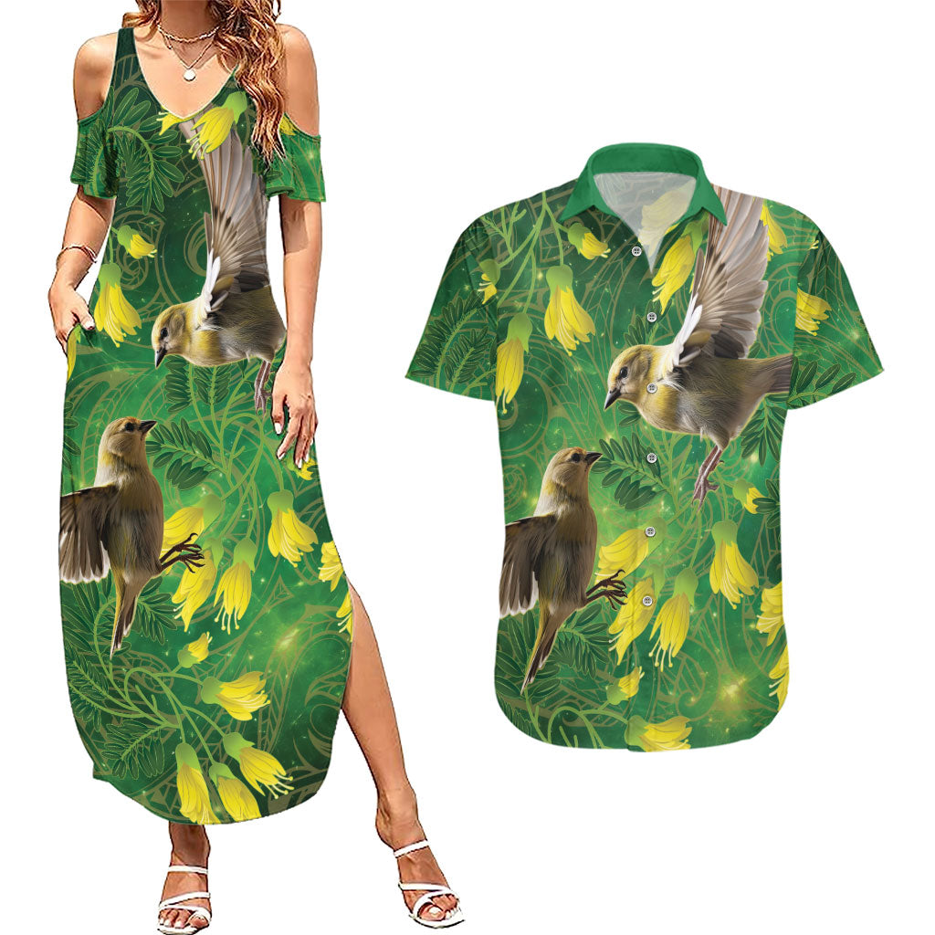 Bellbird New Zealand Personalised Couples Matching Summer Maxi Dress and Hawaiian Shirt Kowhai Flower Maori Pattern LT22 Green - Polynesian Pride