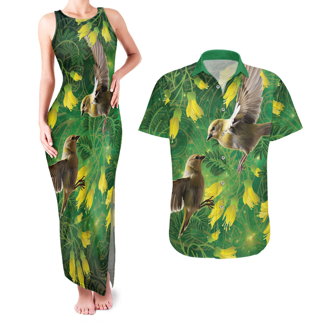 Bellbird New Zealand Personalised Couples Matching Tank Maxi Dress and Hawaiian Shirt Kowhai Flower Maori Pattern