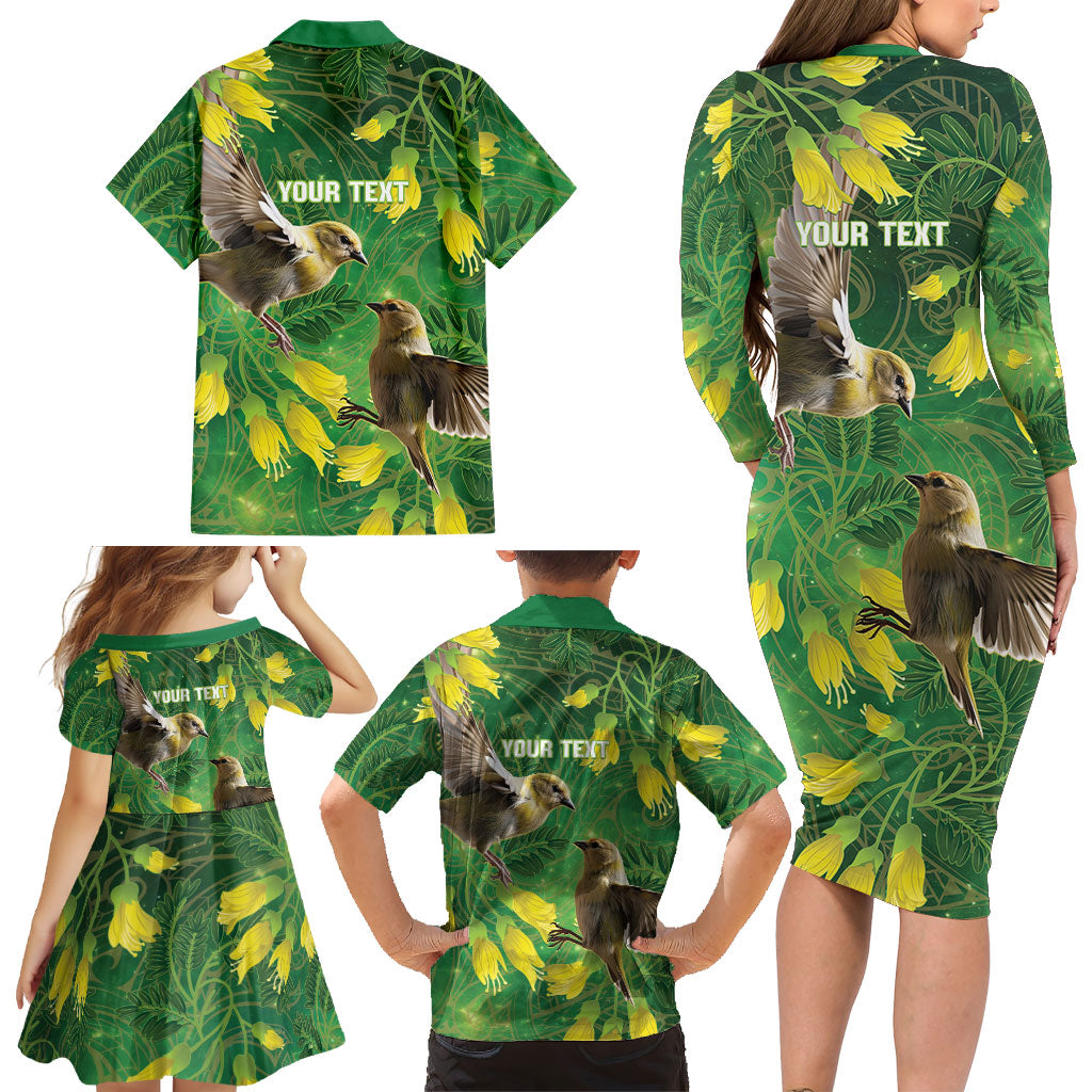 Bellbird New Zealand Personalised Family Matching Long Sleeve Bodycon Dress and Hawaiian Shirt Kowhai Flower Maori Pattern LT22 - Polynesian Pride