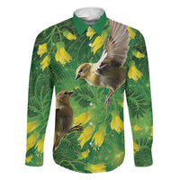 Bellbird New Zealand Personalised Family Matching Long Sleeve Bodycon Dress and Hawaiian Shirt Kowhai Flower Maori Pattern LT22 Dad's Shirt - Long Sleeve Green - Polynesian Pride