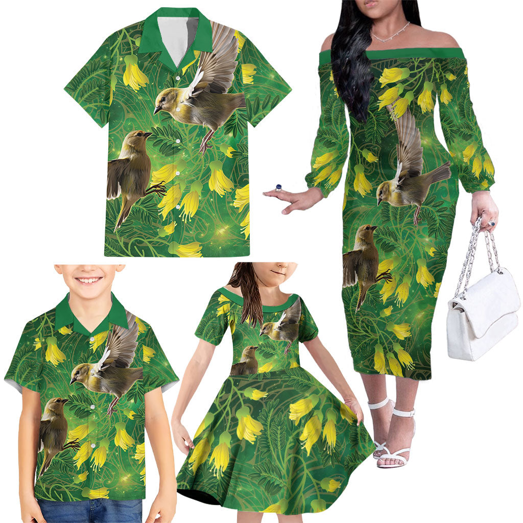 Bellbird New Zealand Personalised Family Matching Off The Shoulder Long Sleeve Dress and Hawaiian Shirt Kowhai Flower Maori Pattern LT22 - Polynesian Pride