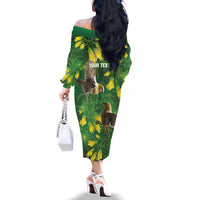 Bellbird New Zealand Personalised Family Matching Off The Shoulder Long Sleeve Dress and Hawaiian Shirt Kowhai Flower Maori Pattern LT22 - Polynesian Pride