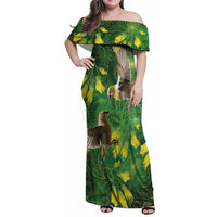 Bellbird New Zealand Personalised Family Matching Off Shoulder Maxi Dress and Hawaiian Shirt Kowhai Flower Maori Pattern LT22 Mom's Dress Green - Polynesian Pride