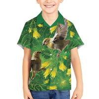 Bellbird New Zealand Personalised Family Matching Off Shoulder Short Dress and Hawaiian Shirt Kowhai Flower Maori Pattern LT22 Son's Shirt Green - Polynesian Pride