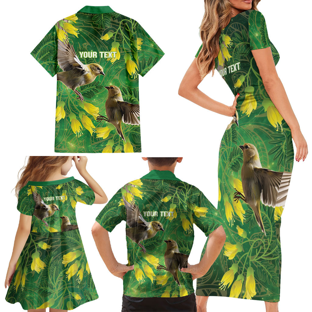 Bellbird New Zealand Personalised Family Matching Short Sleeve Bodycon Dress and Hawaiian Shirt Kowhai Flower Maori Pattern LT22 - Polynesian Pride