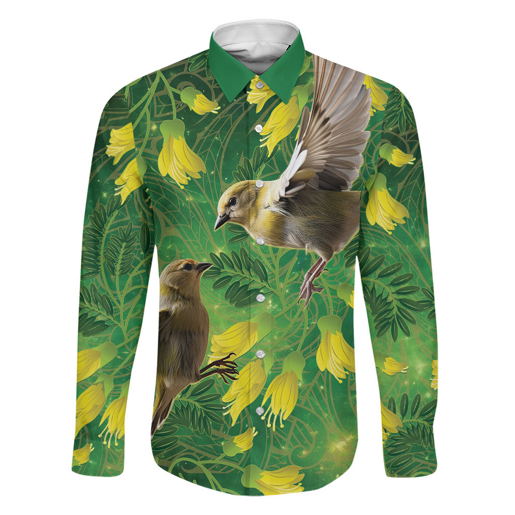 Bellbird New Zealand Personalised Family Matching Summer Maxi Dress and Hawaiian Shirt Kowhai Flower Maori Pattern LT22 Dad's Shirt - Long Sleeve Green - Polynesian Pride