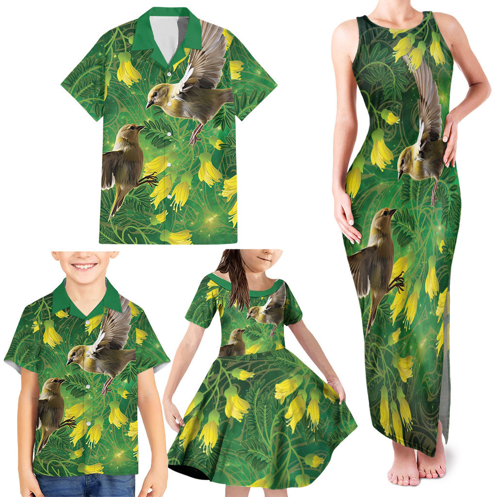 Bellbird New Zealand Personalised Family Matching Tank Maxi Dress and Hawaiian Shirt Kowhai Flower Maori Pattern LT22 - Polynesian Pride