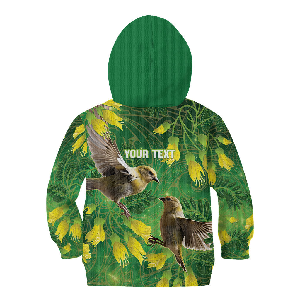 Bellbird New Zealand Personalised Kid Hoodie Kowhai Flower Maori Pattern