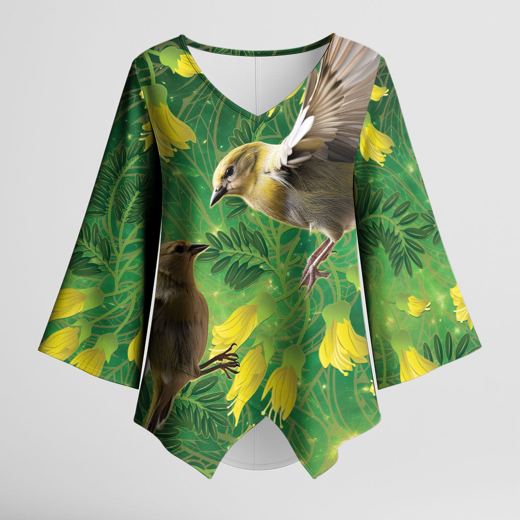 Bellbird New Zealand Personalised Kimono Sleeve Blouse Kowhai Flower Maori Pattern