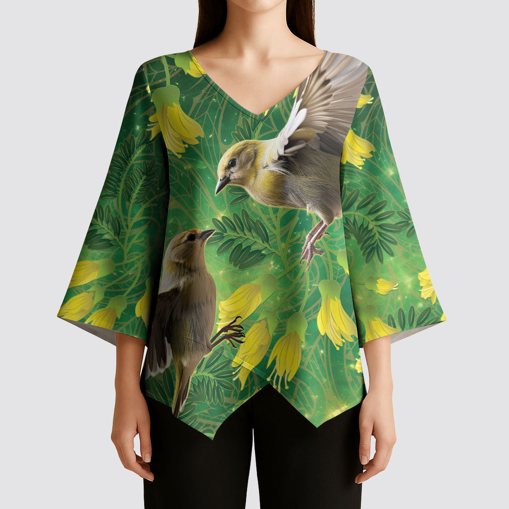 Bellbird New Zealand Personalised Kimono Sleeve Blouse Kowhai Flower Maori Pattern