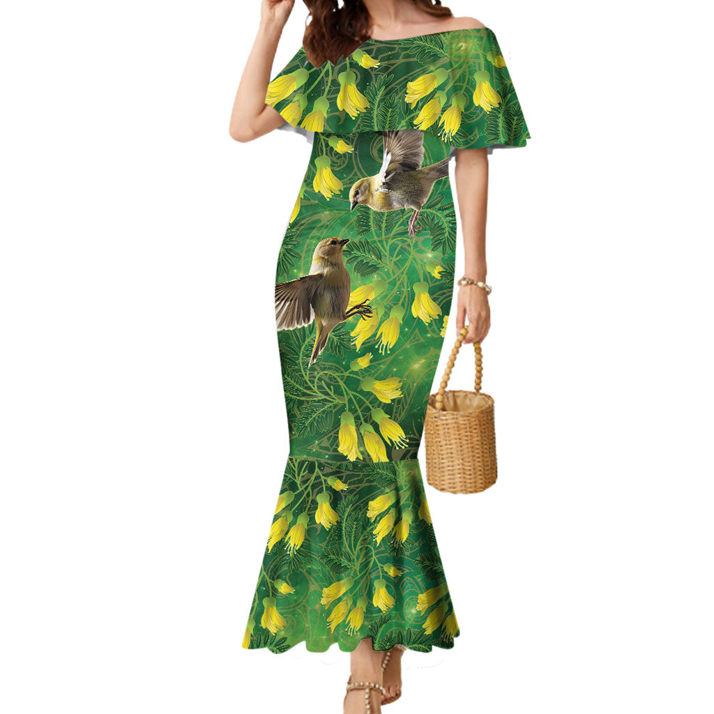Bellbird New Zealand Personalised Mermaid Dress Kowhai Flower Maori Pattern