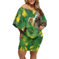 Bellbird New Zealand Personalised Off Shoulder Short Dress Kowhai Flower Maori Pattern