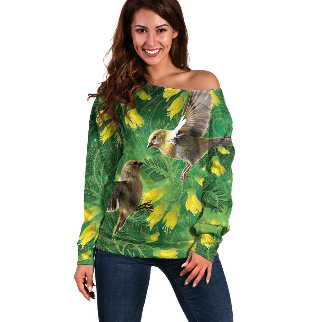 Bellbird New Zealand Personalised Off Shoulder Sweater Kowhai Flower Maori Pattern