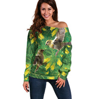 Bellbird New Zealand Personalised Off Shoulder Sweater Kowhai Flower Maori Pattern