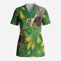 Bellbird New Zealand Personalised Scrub Top Kowhai Flower Maori Pattern
