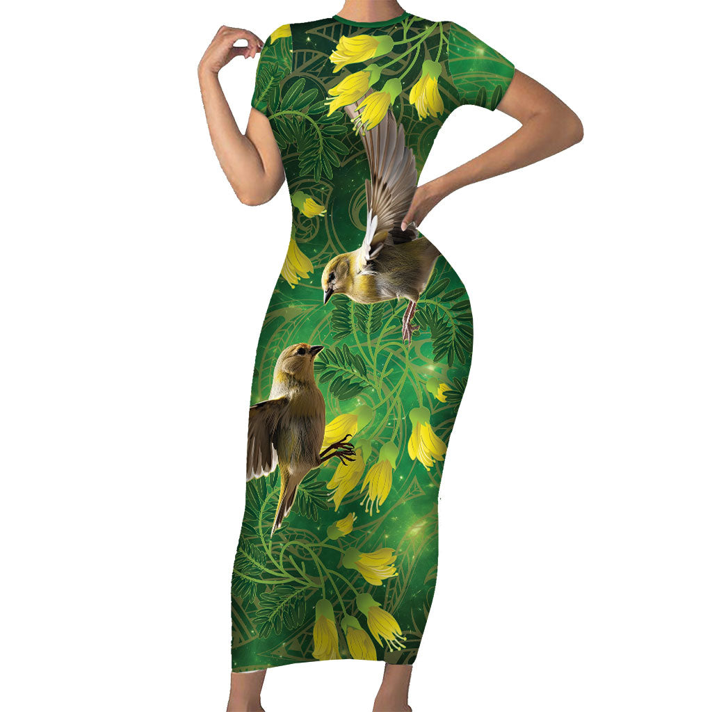 Bellbird New Zealand Personalised Short Sleeve Bodycon Dress Kowhai Flower Maori Pattern