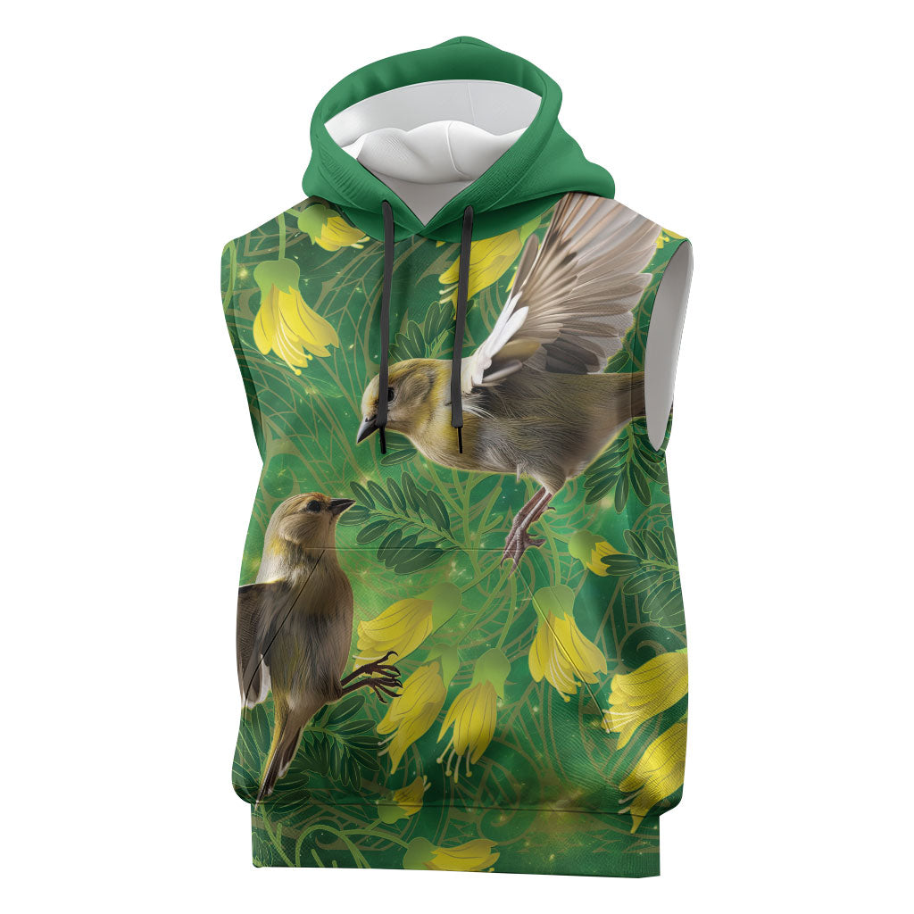 Bellbird New Zealand Personalised Sleeveless Hoodie Kowhai Flower Maori Pattern