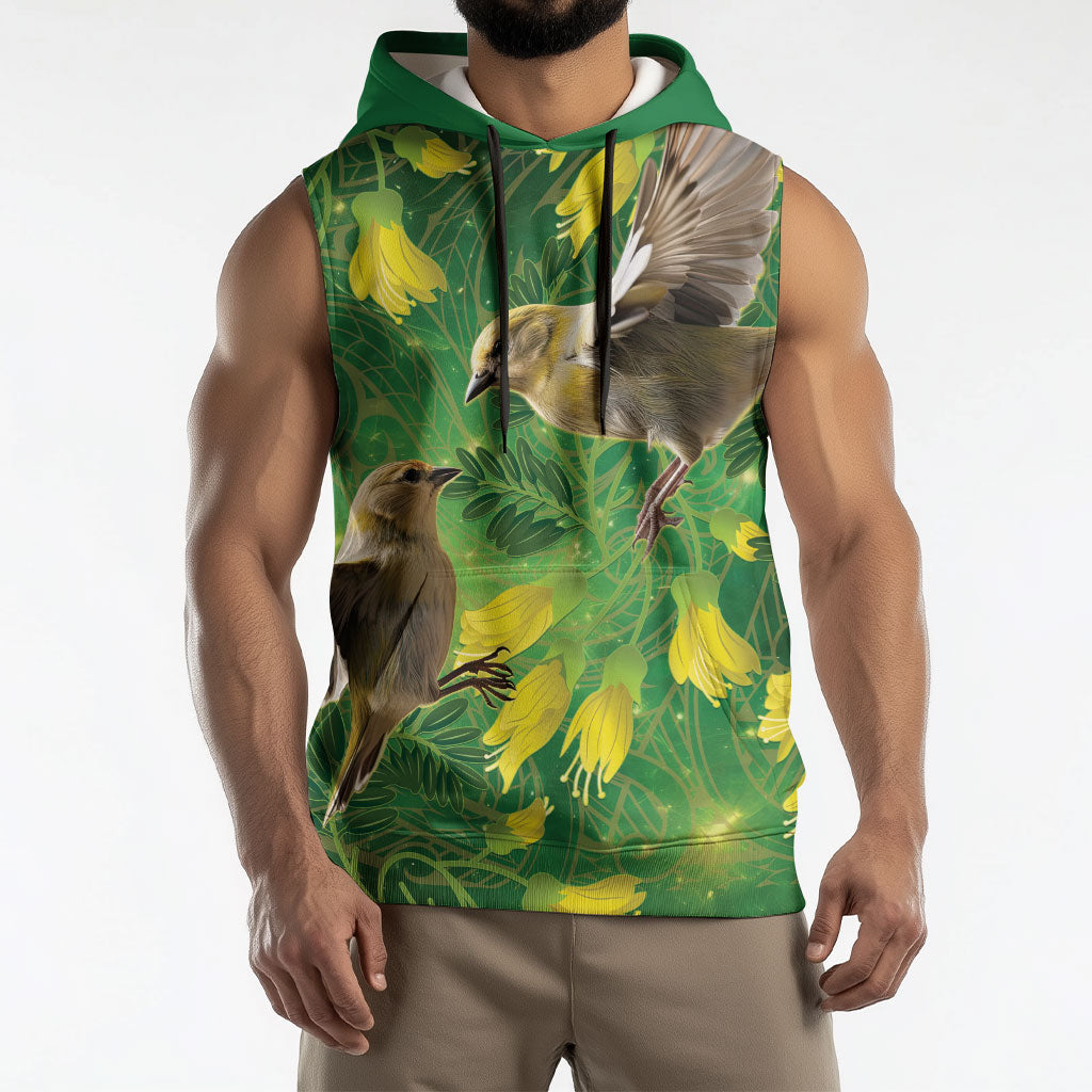 Bellbird New Zealand Personalised Sleeveless Hoodie Kowhai Flower Maori Pattern